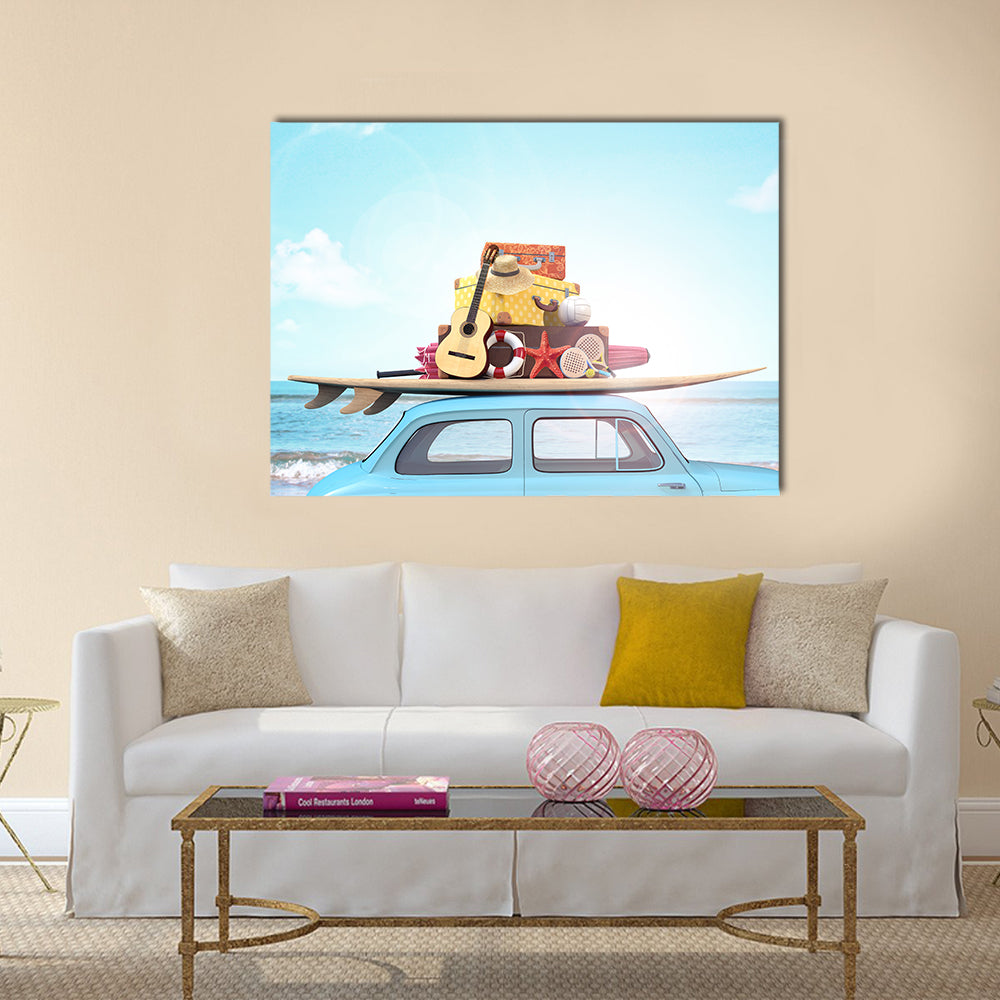 Vintage Beach Car with Surfboard Canvas Wall Art
