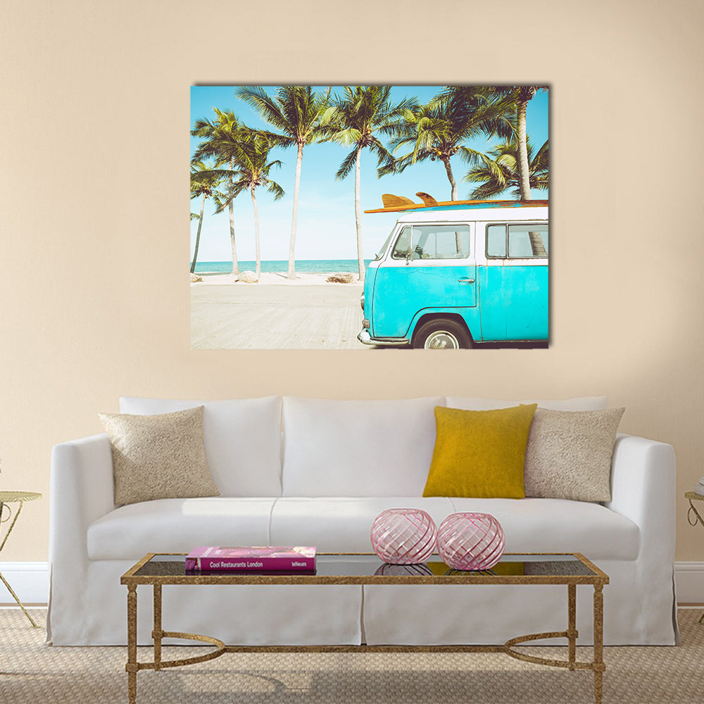 Teal and White Kombi on Tropical Beach Canvas Wall Art