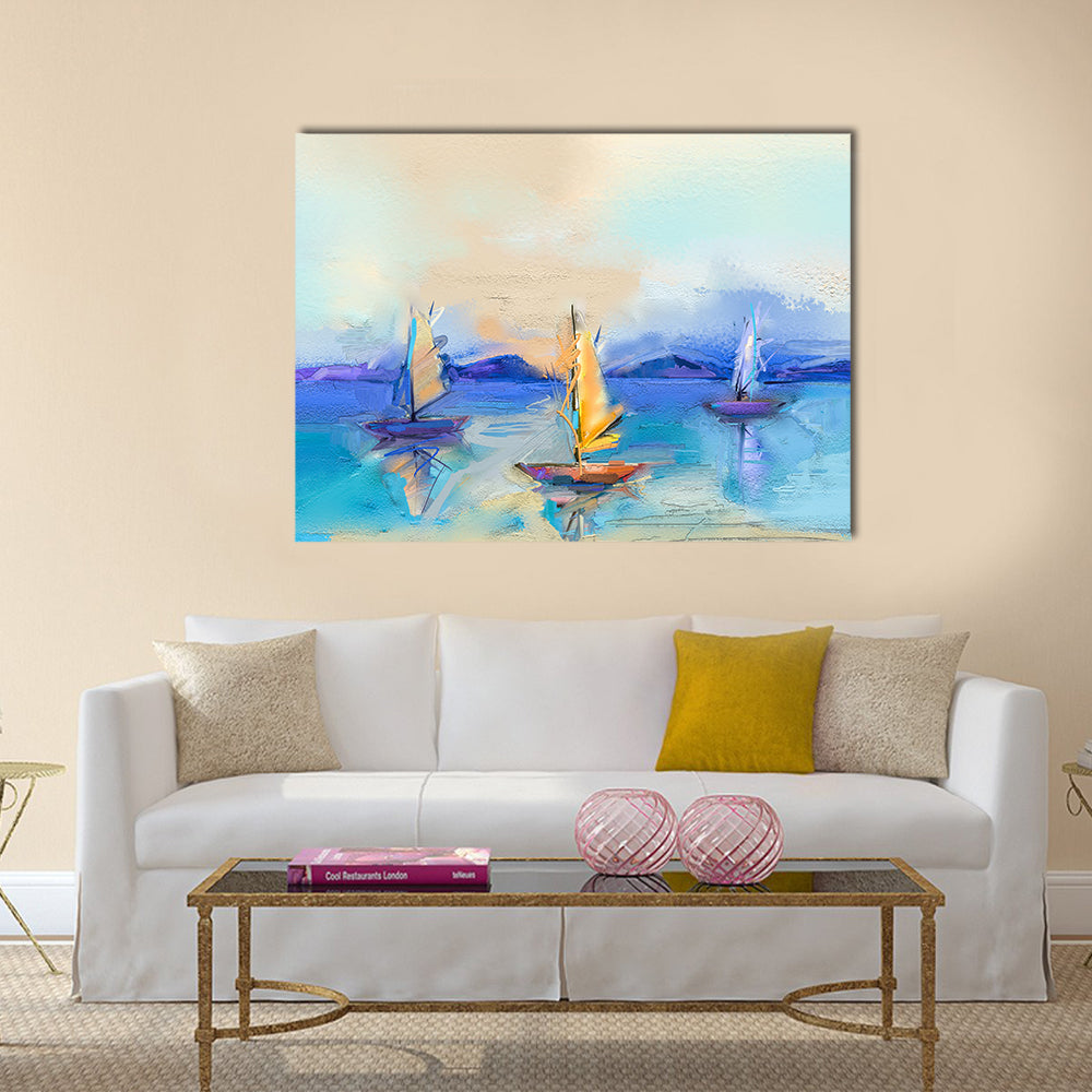 Textured Oil Seascape with Three Sailboats Canvas Wall Art
