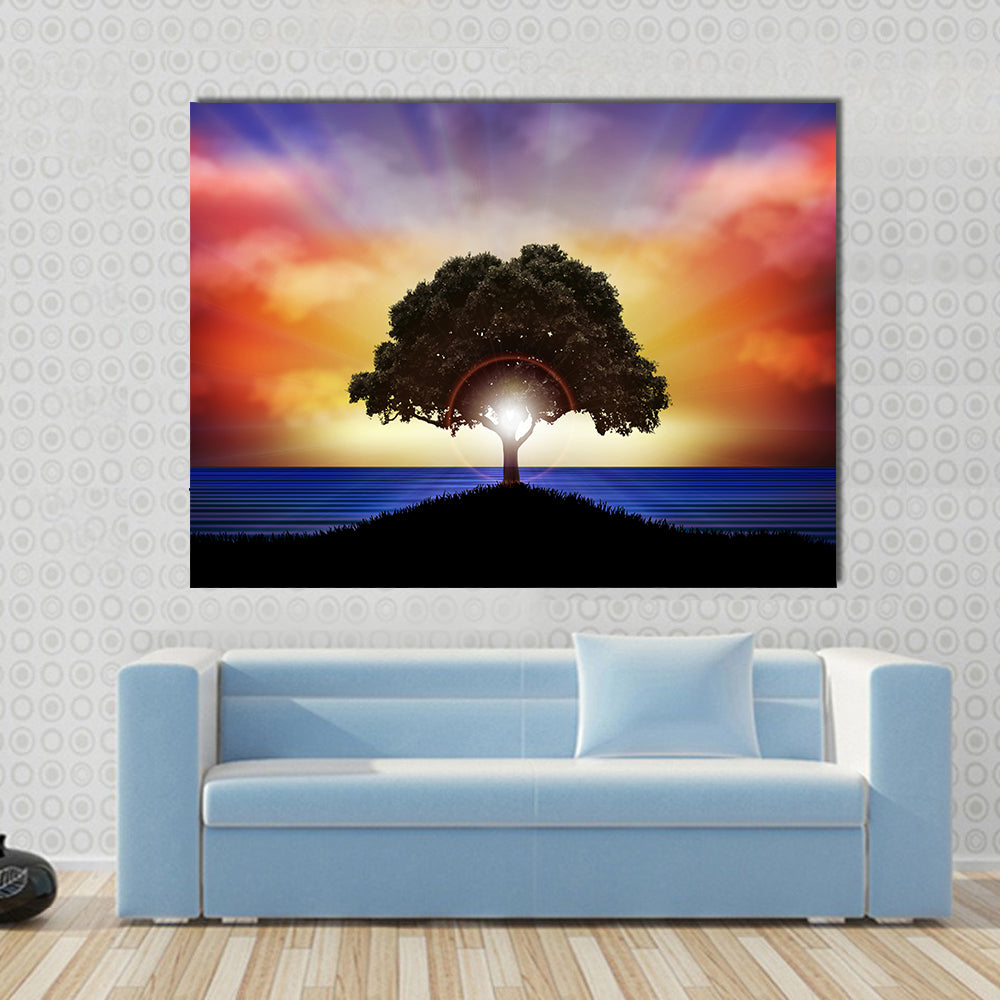 Lone Tree Silhouette at Sunset Canvas Wall Art