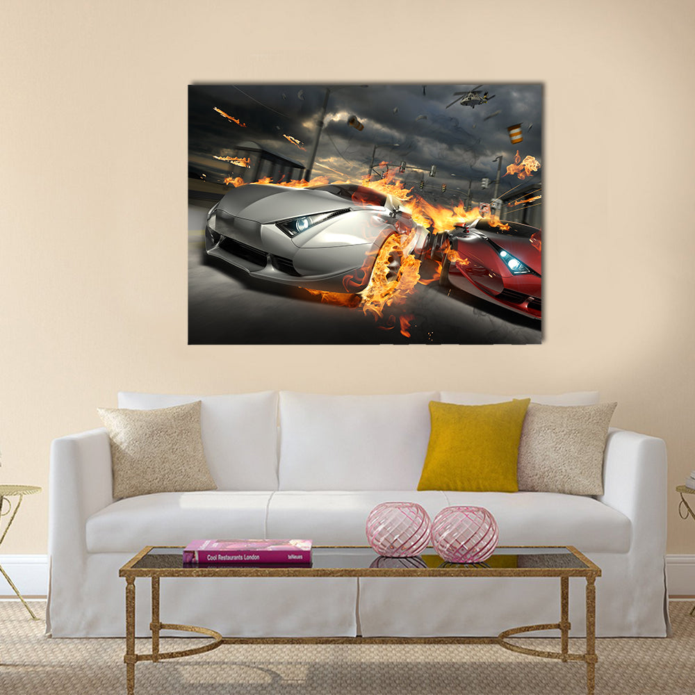 Futuristic Street Car Chase Canvas Wall Art