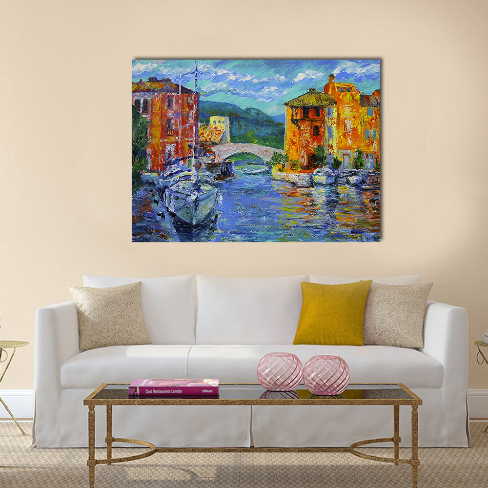 Port Grimaud Canal Scene with Sailboat Canvas Wall Art