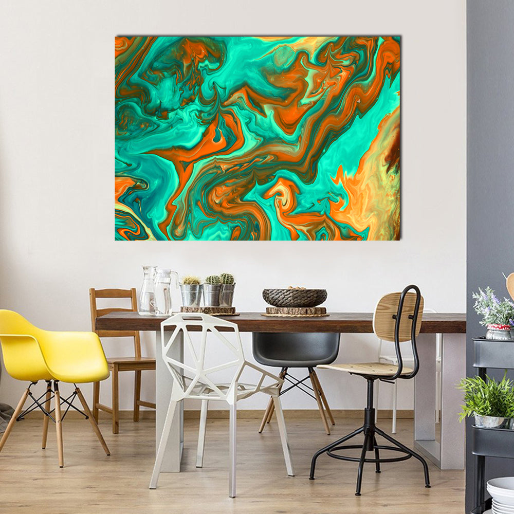 Turquoise and Orange Liquid Abstract Canvas Wall Art