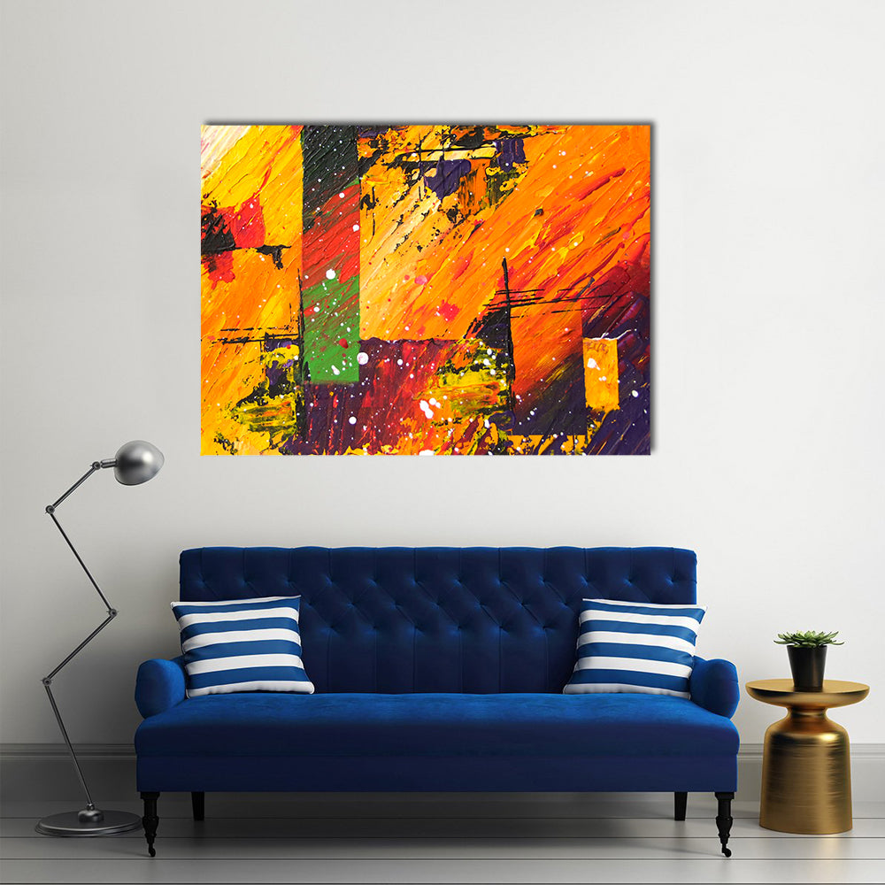 Energetic Orange Abstract with Green Block Canvas Wall Art