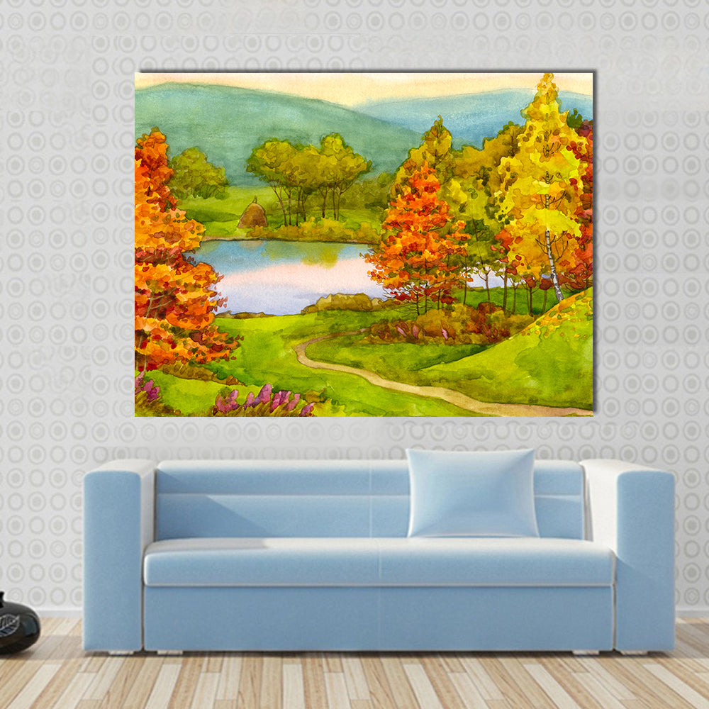 Watercolor Autumn Landscape with Winding Path Canvas Wall Art