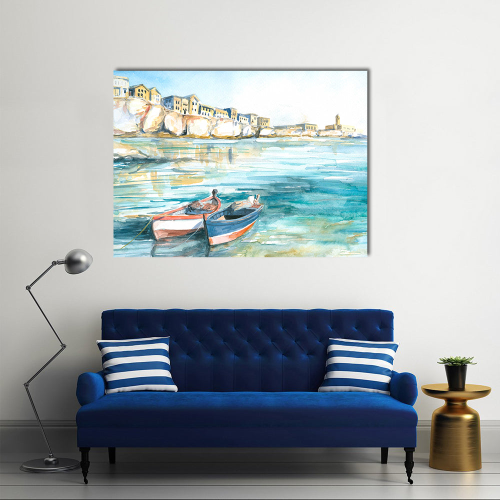 Two Rowboats in Sunny Coastal Watercolor Canvas Wall Art