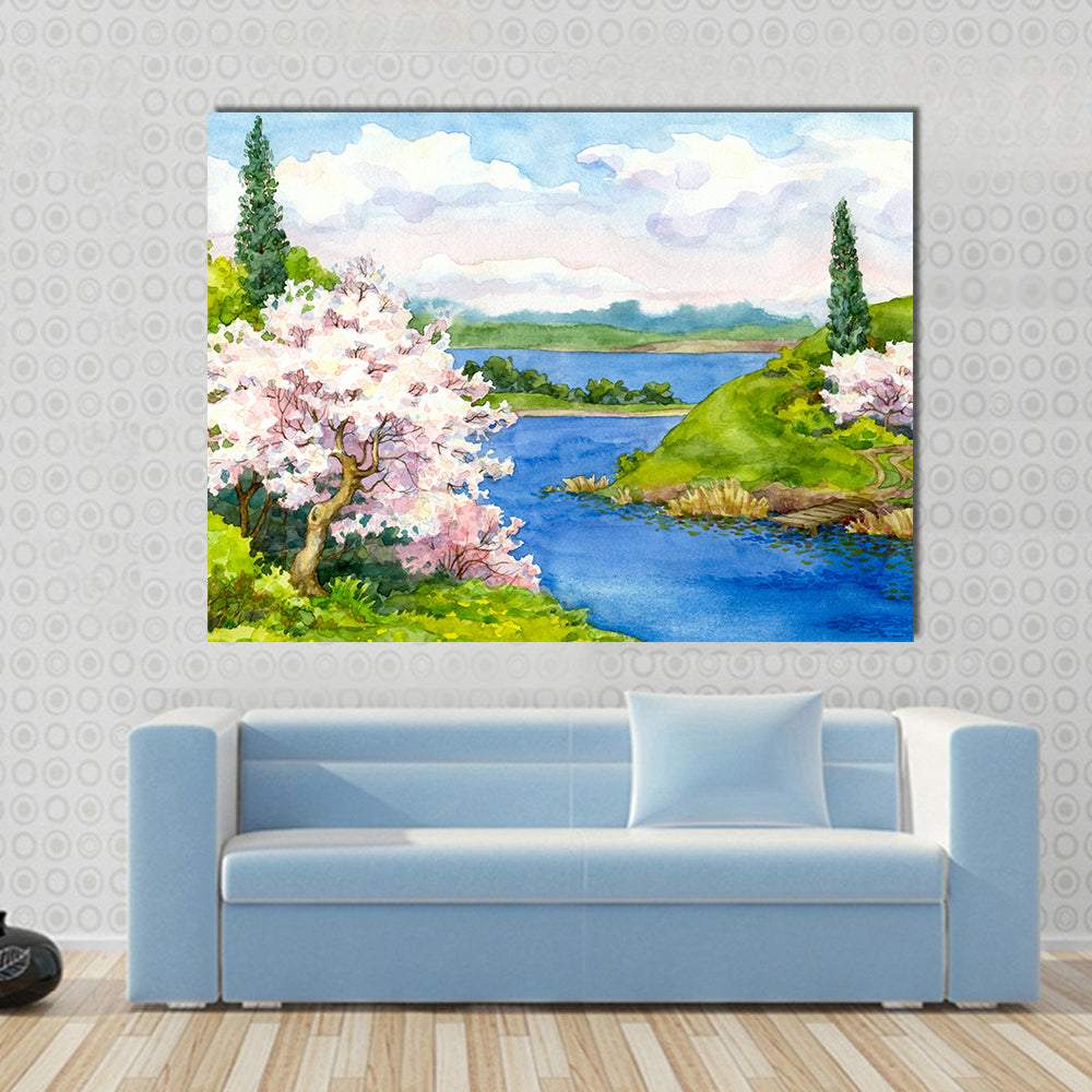 Watercolor Spring Cherry Blossom Landscape Canvas Wall Art