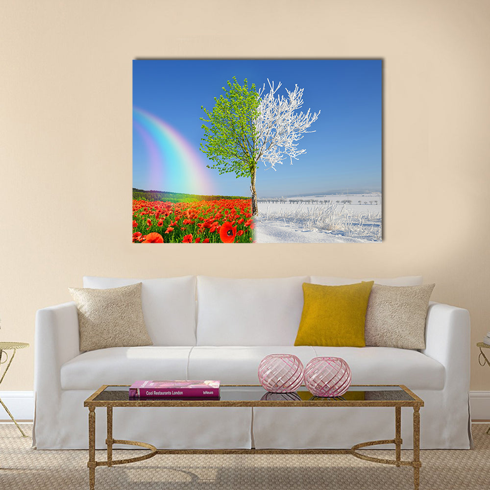 Split-season Tree with Poppies and Snow Canvas Wall Art
