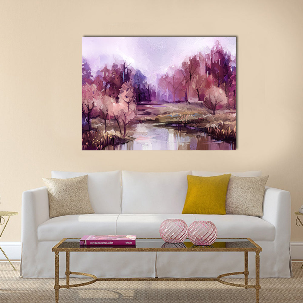 Autumn Forest Lake in Lavender Hues Canvas Wall Art