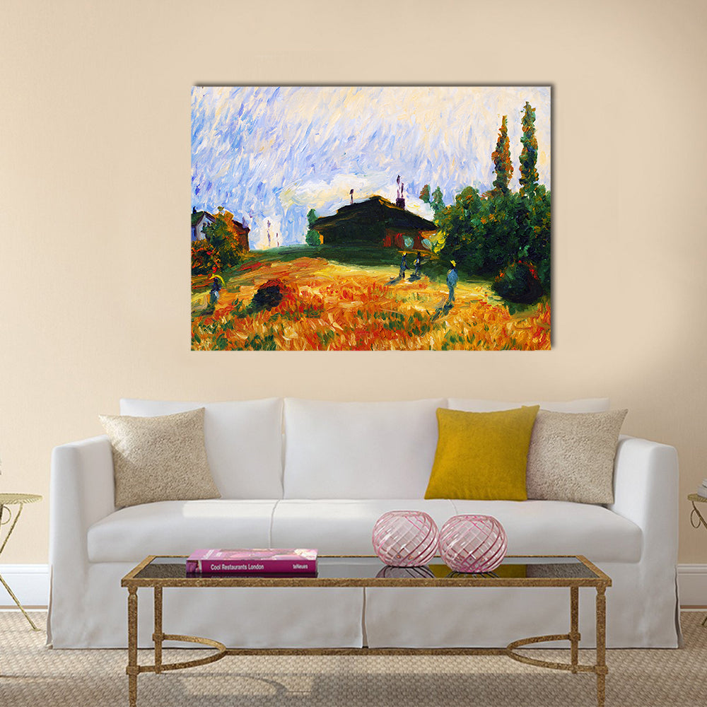 Pastoral Cottage in Golden Wheat Field Canvas Wall Art