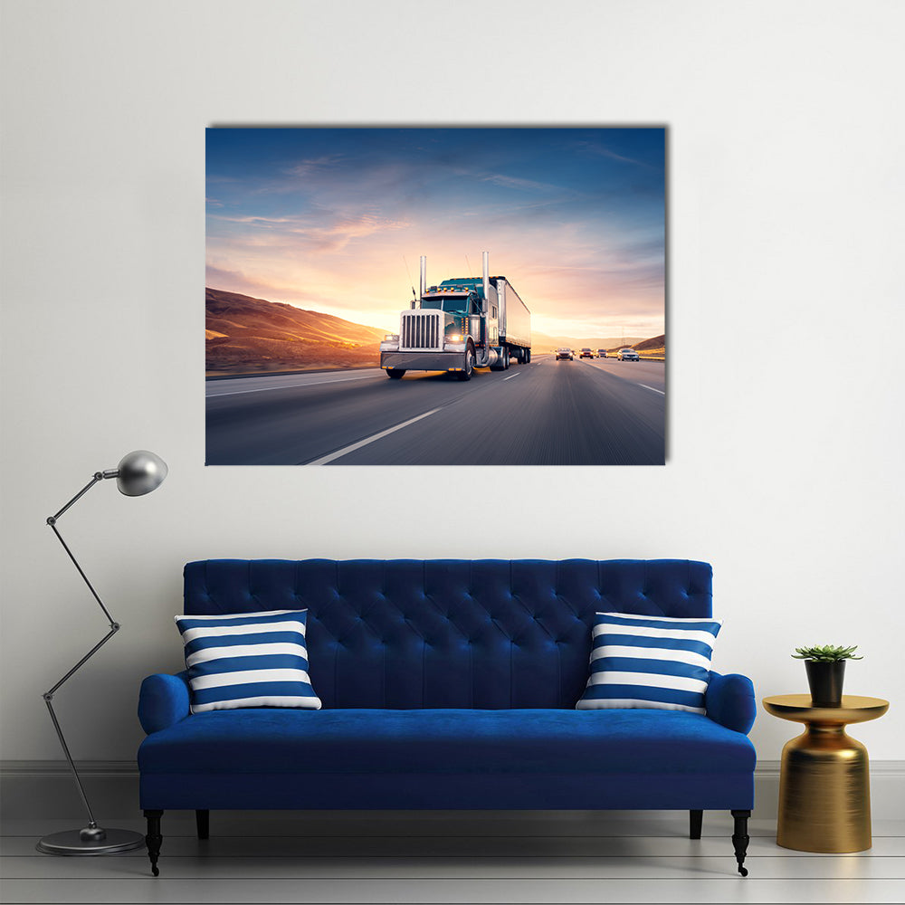 American Style Truck On Freeway Pulling Load Canvas Wall Art