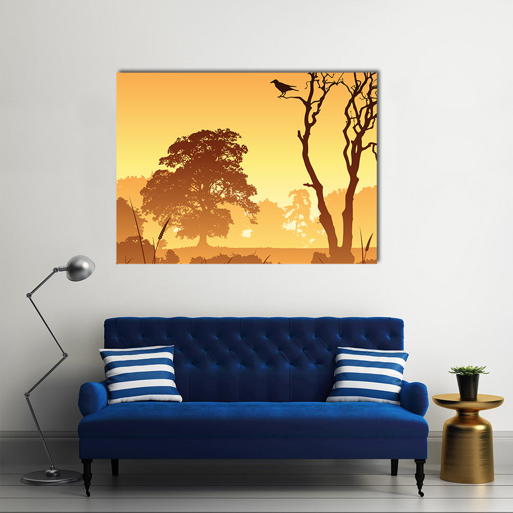 Country Meadow Landscape With Trees And Bird Canvas Wall Art