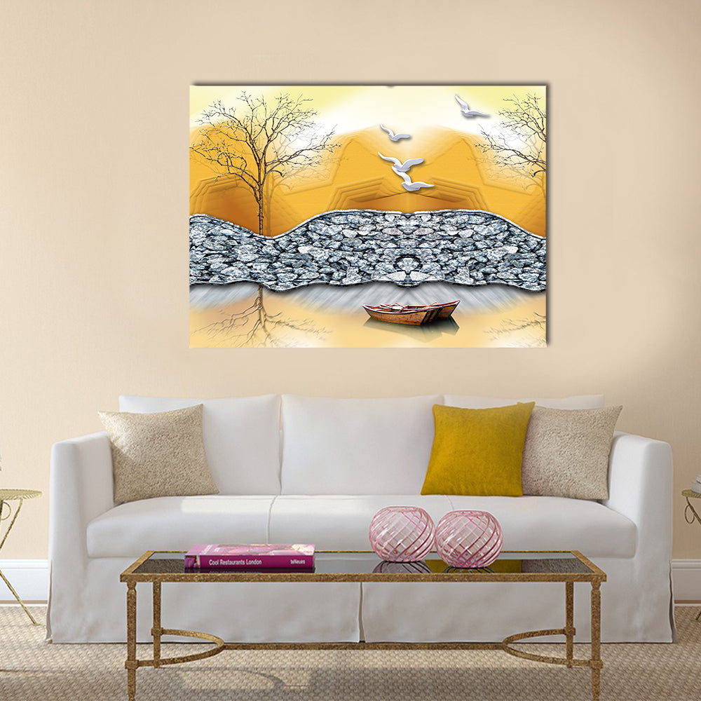 3d Lake Illustration with Boat Canvas Wall Art