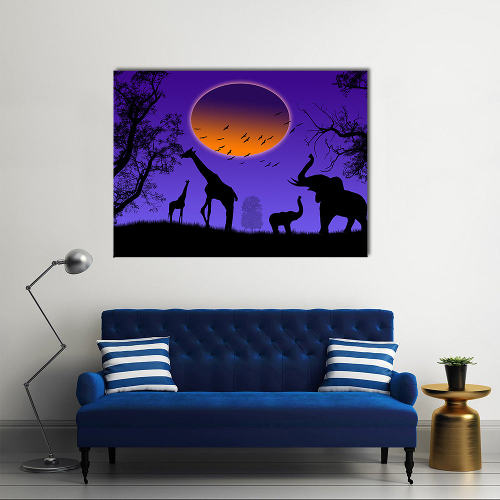 Moonlit Jungle Animal Silhouettes Canvas Wall Art