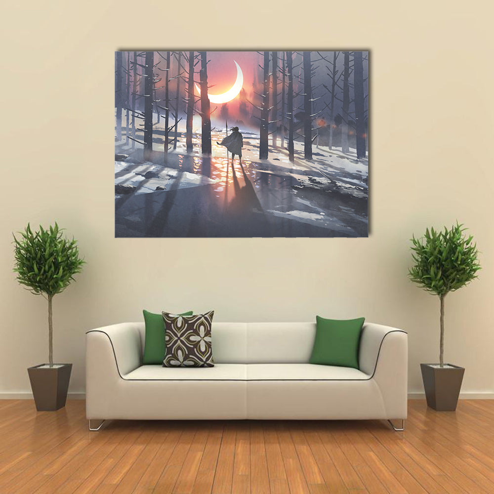 Cloaked Figure in Winter Forest Canvas Wall Art