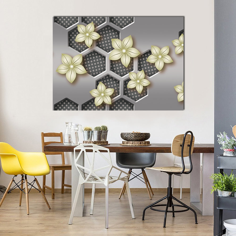 3d Geometric Flower with Honeycomb Pattern Canvas Wall Art