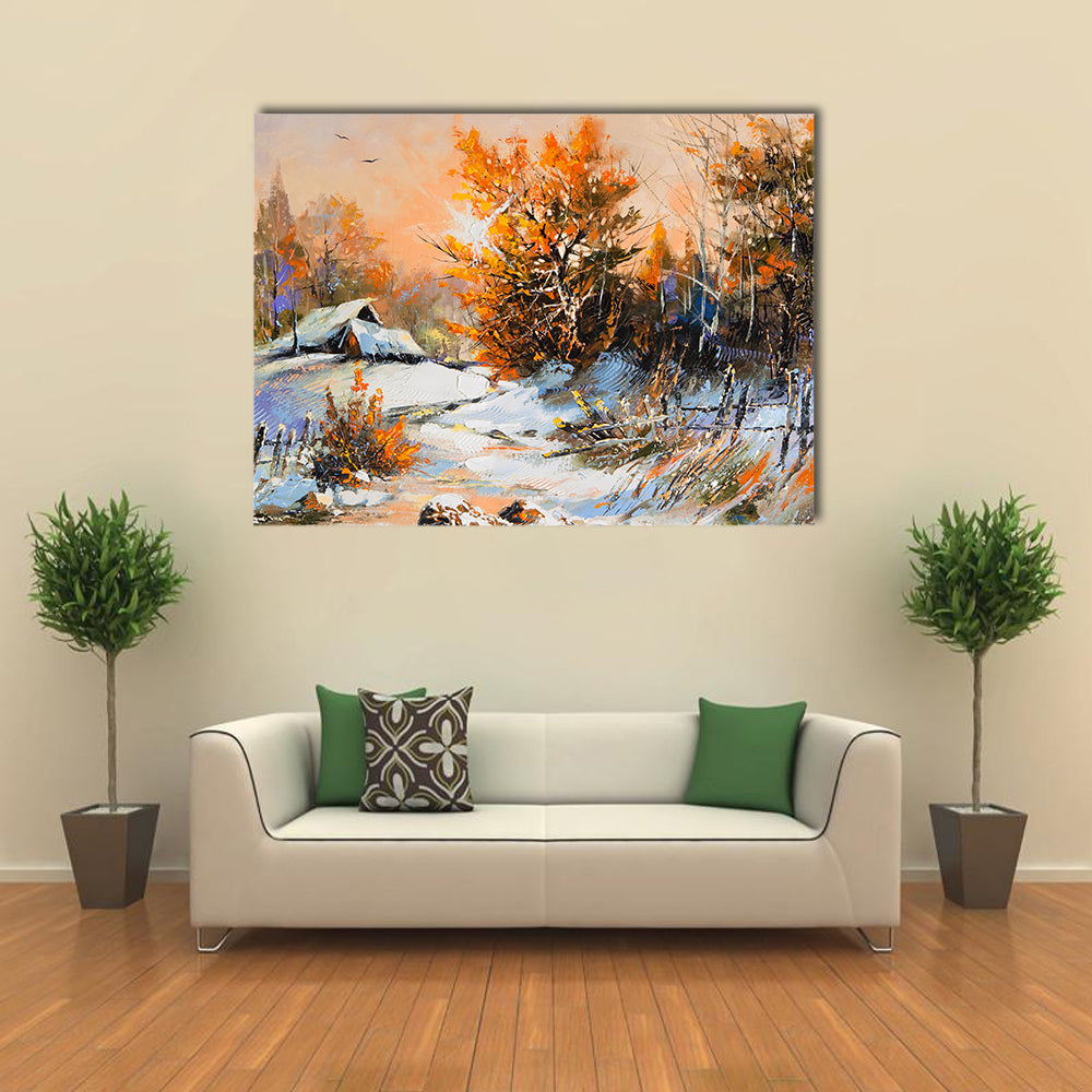 Snow-covered Cabin with Orange Foliage Canvas Wall Art