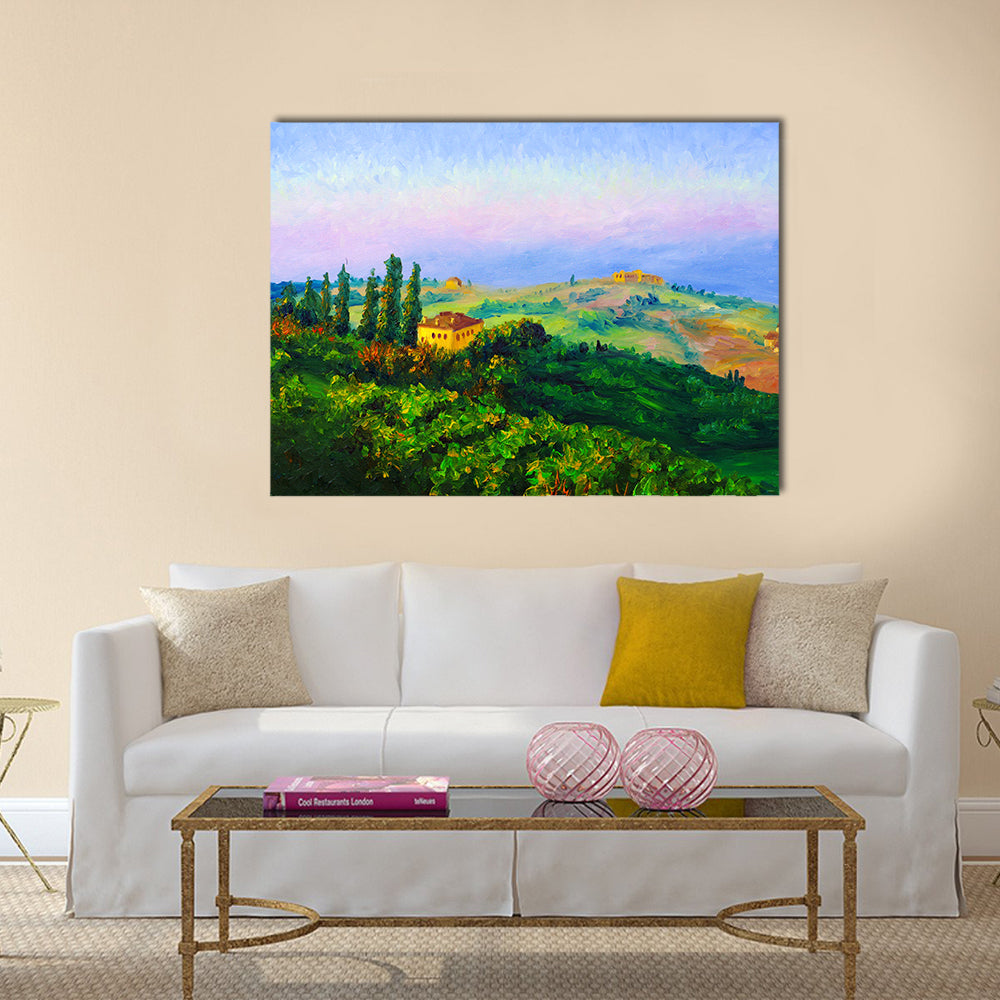 Hilltop Yellow Villa at Sunset Canvas Wall Art