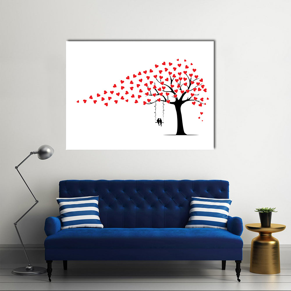 Tree with Heart Leaves and Couple on Swing Canvas Wall Art