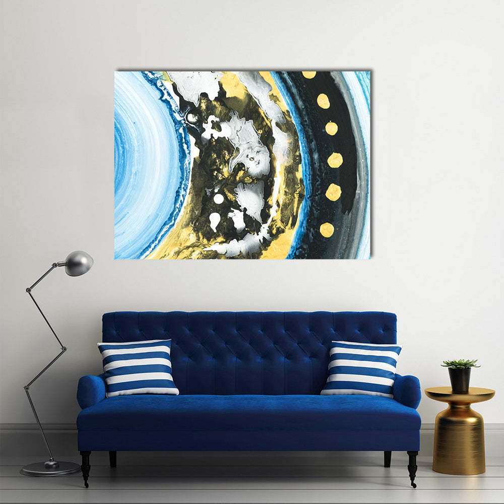 Blue and Black Abstract with Gold Dots Canvas Wall Art