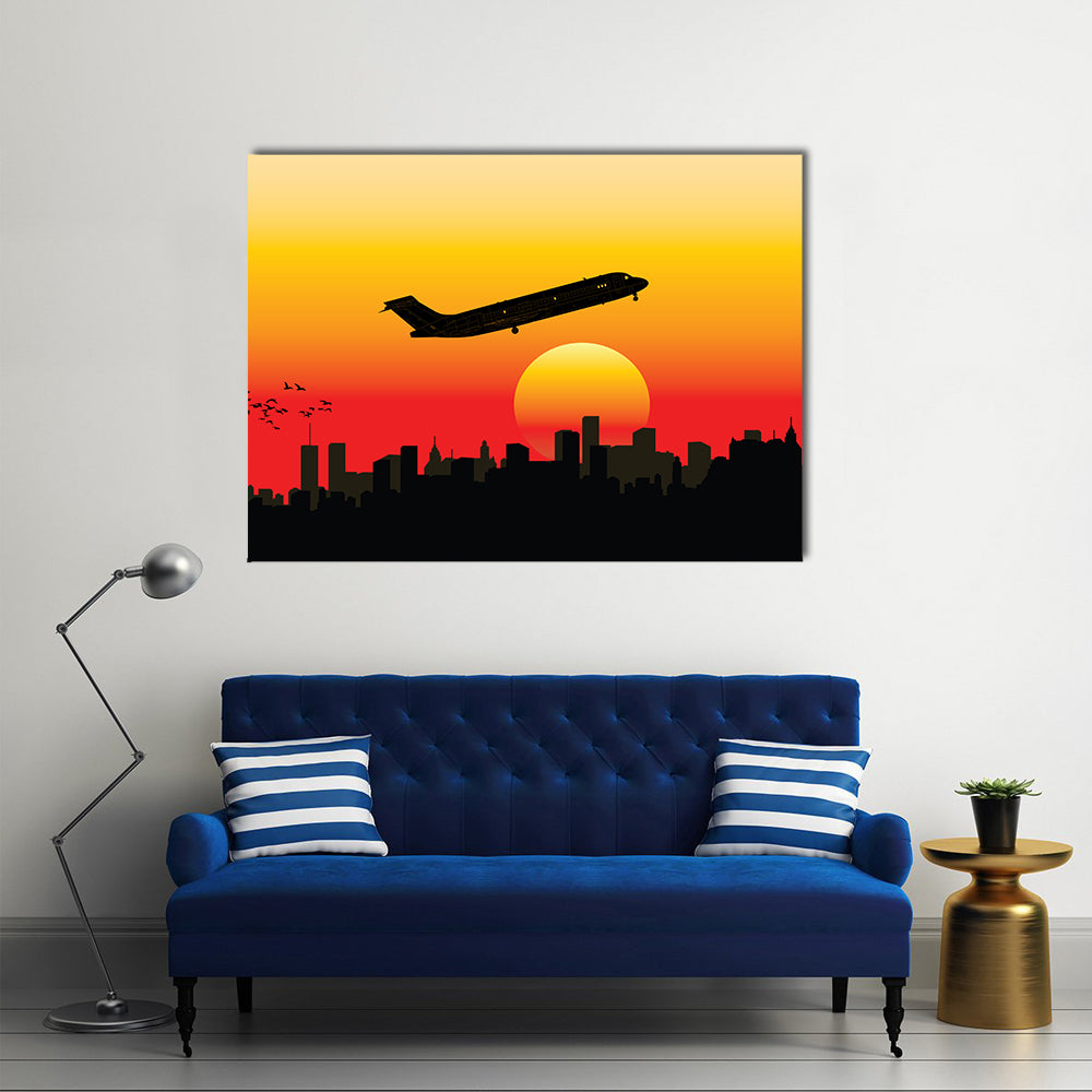 Passenger Jet Silhouette at Sunset Canvas Wall Art