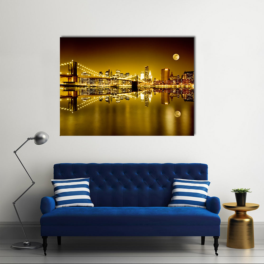 Moonlit Brooklyn Bridge and Lower Manhattan Canvas Wall Art