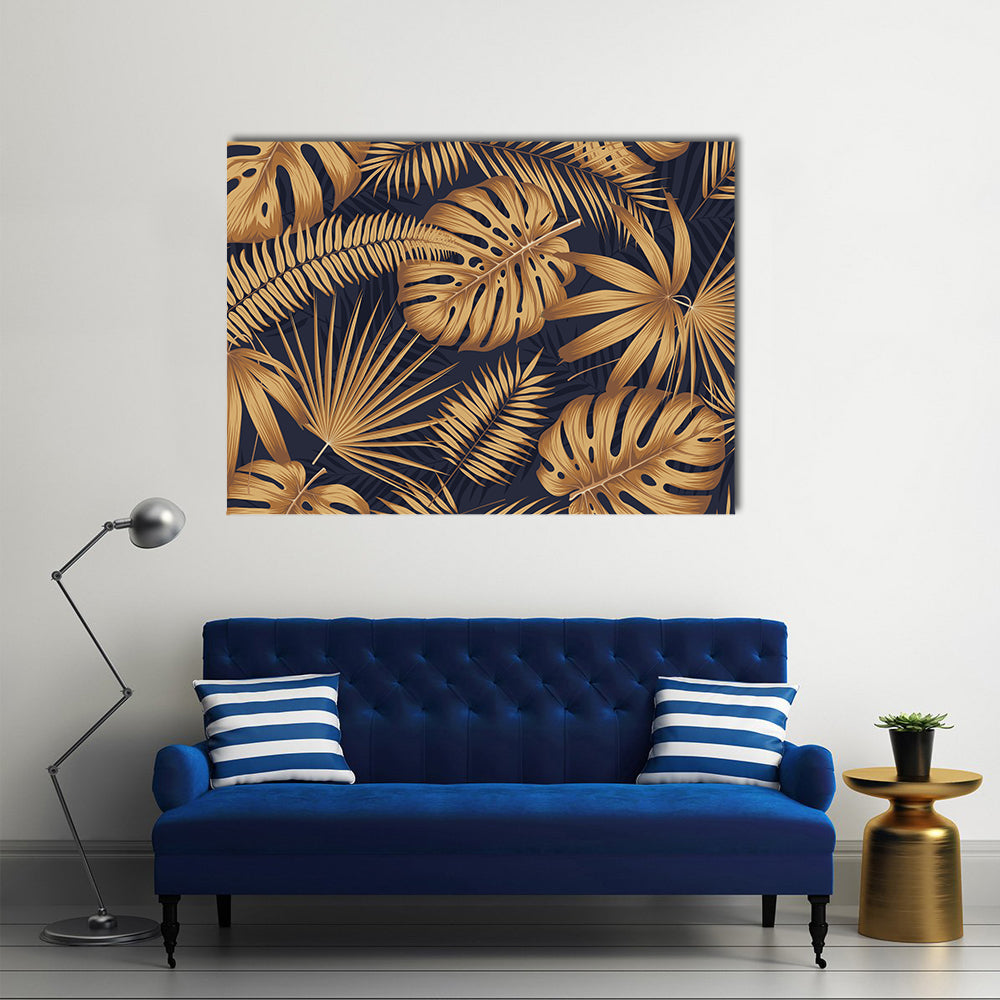 Golden Monstera and Palm Leaves Canvas Wall Art
