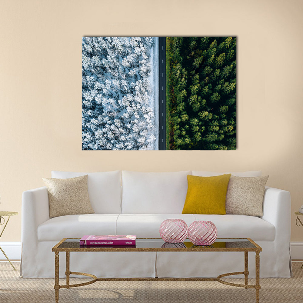 Highway Road Through Forest In Summer And Winter Canvas Wall Art