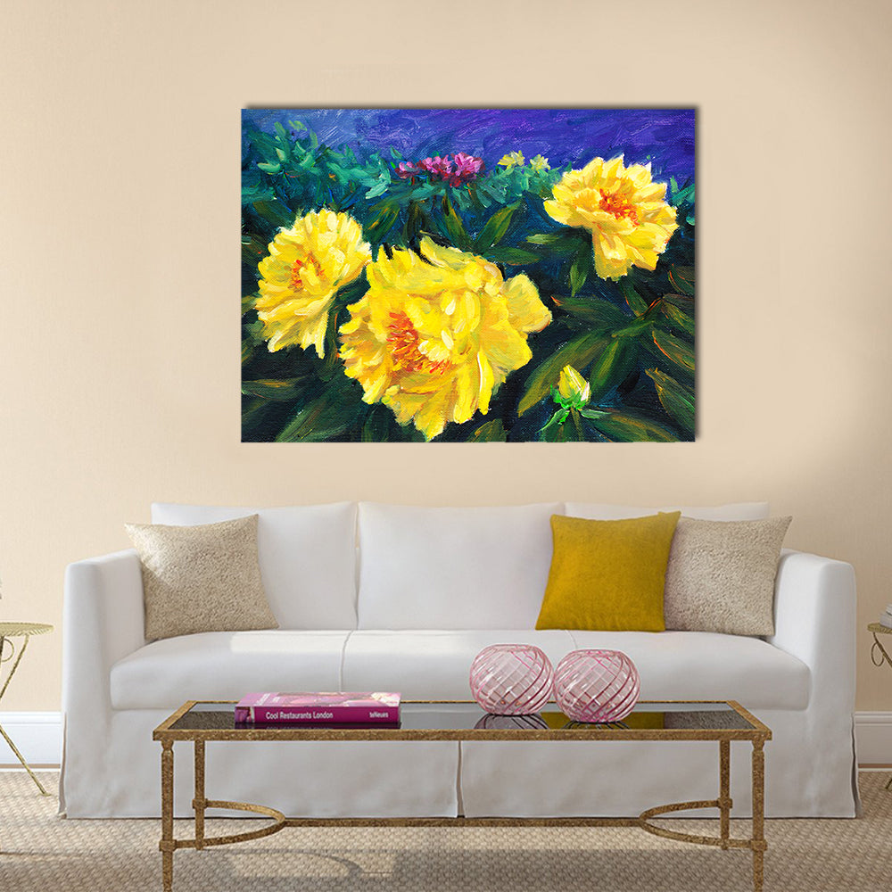 Blooming Yellow Peonies with Textured Blue Background Canvas Wall Art