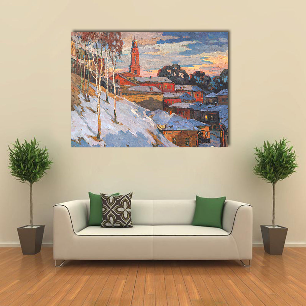 Snowy Hillside Town with Belfry Tower Canvas Wall Art
