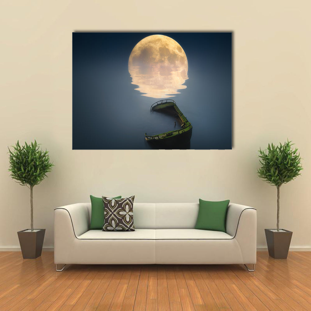 Full Moon Over Broken Ship In Sea Canvas Wall Art