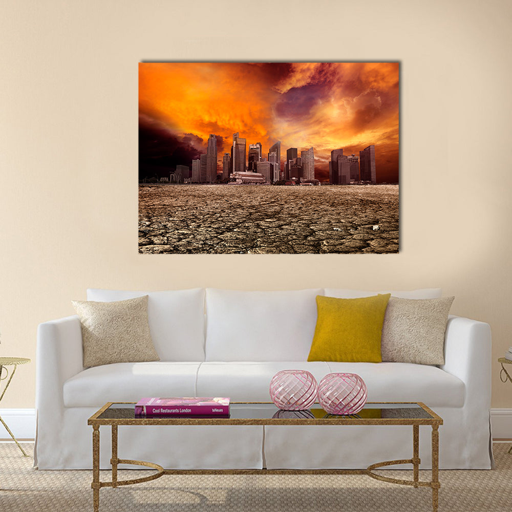 Apocalyptic City Skyline Over Cracked Earth Canvas Wall Art