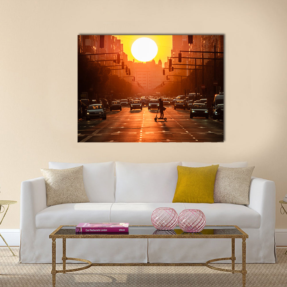 Sunset City Street with Scooter Canvas Wall Art