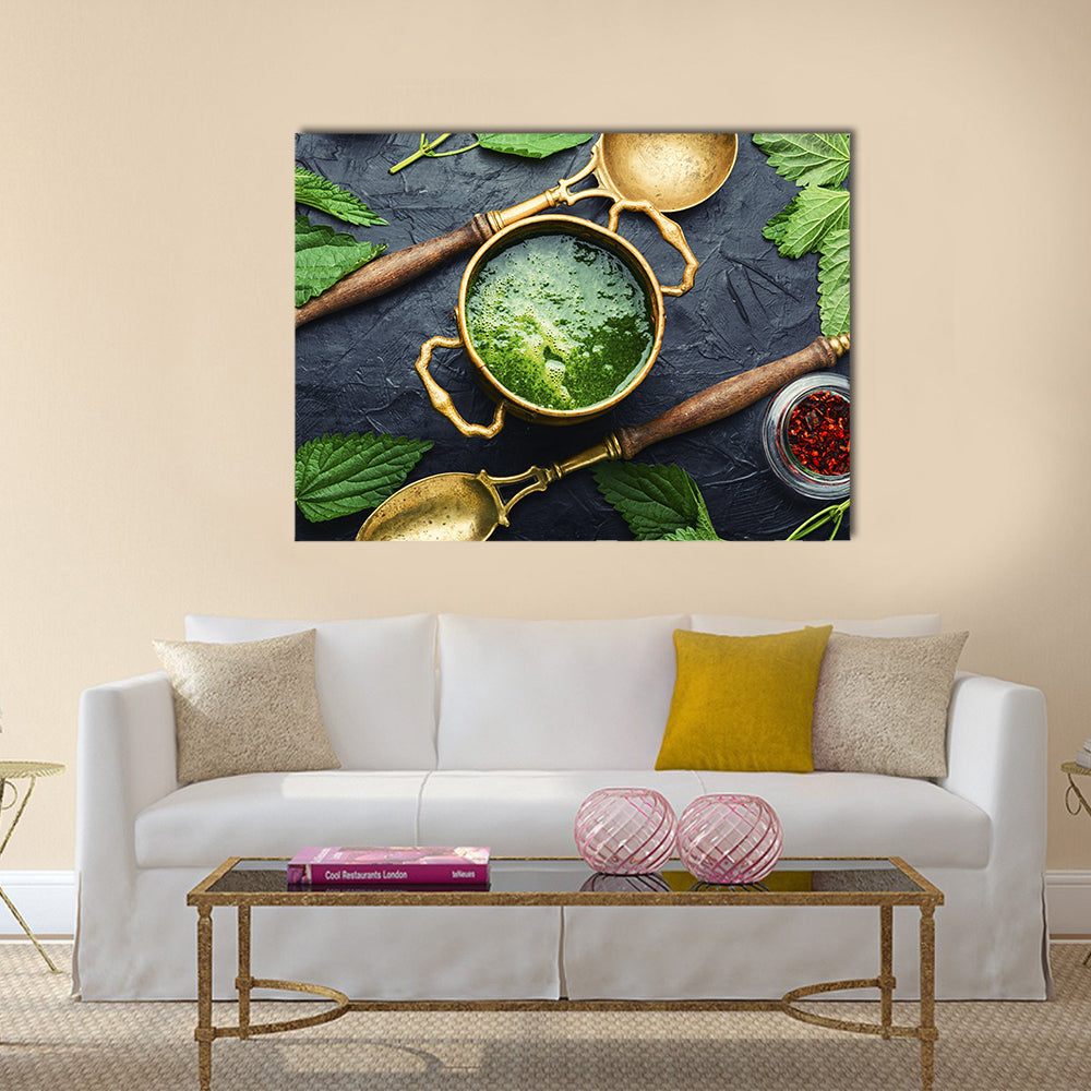 Green Nettle Soup in Brass Pot Canvas Wall Art