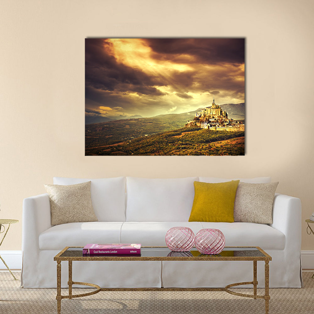 Medieval Castle on Hill at Sunset Canvas Wall Art