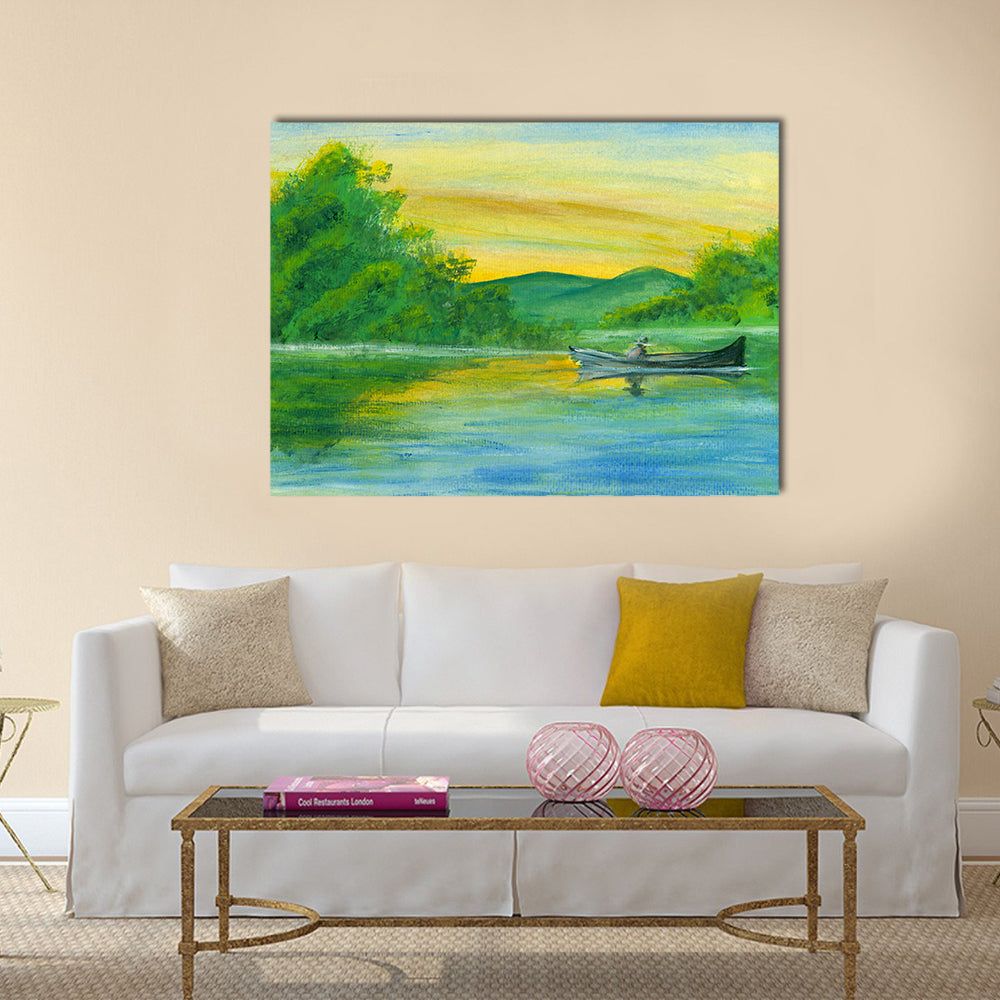 Watercolor Lake with Rowboat at Sunrise Canvas Wall Art
