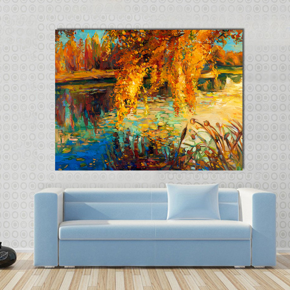 Golden Willow Over Autumn Lake Canvas Wall Art