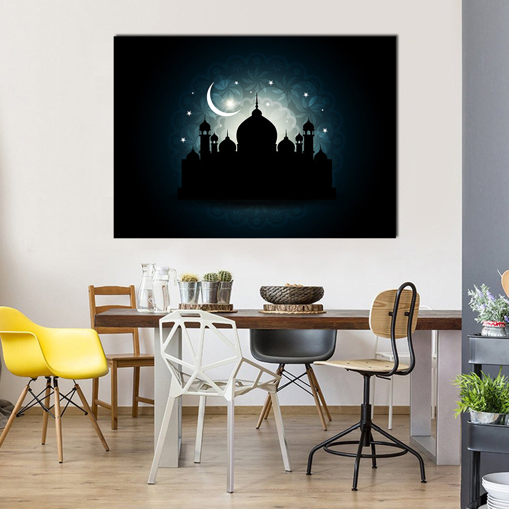 Mosque Silhouette with Crescent Moon and Mandala Canvas Wall Art