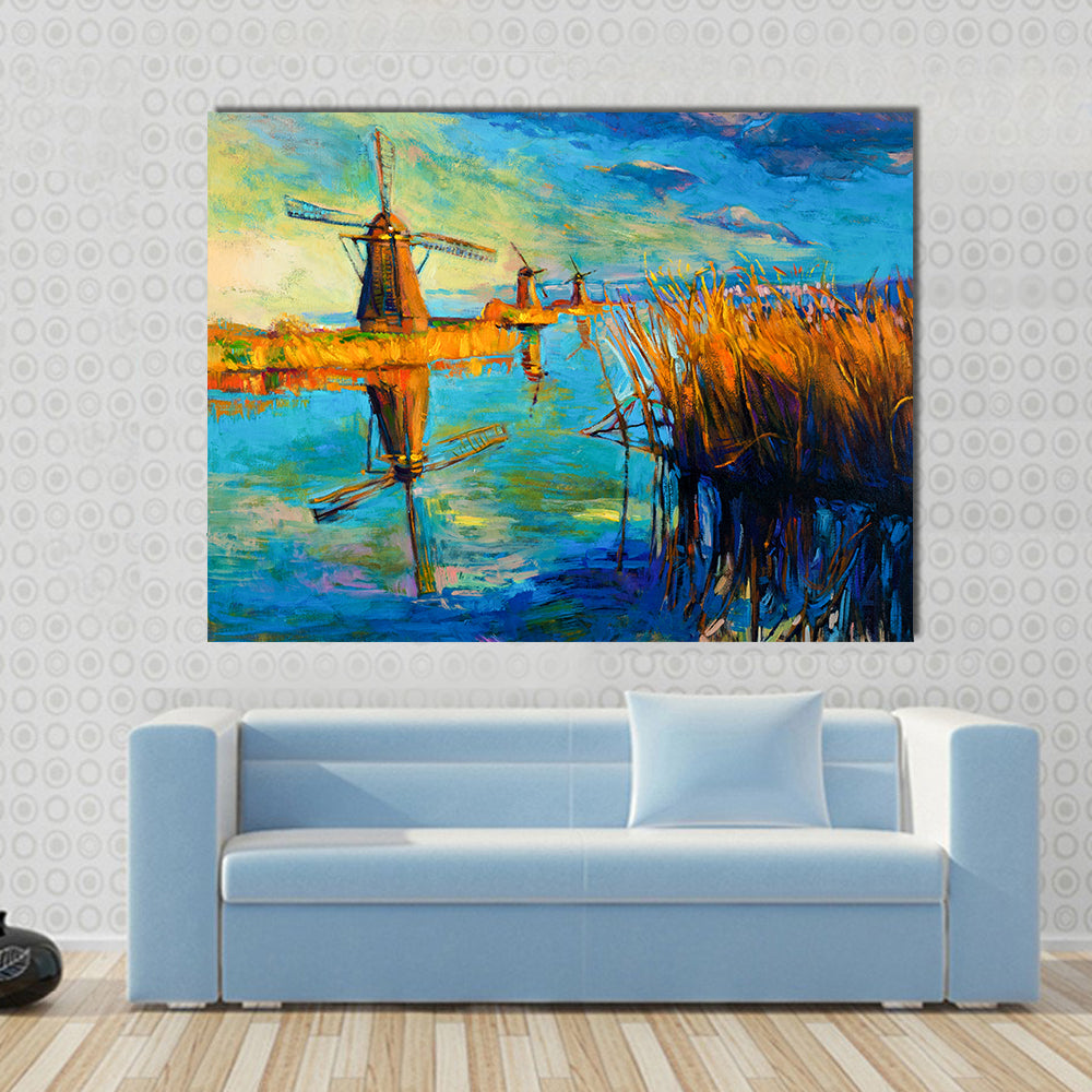 Windmill Landscape at Sunset Canvas Wall Art