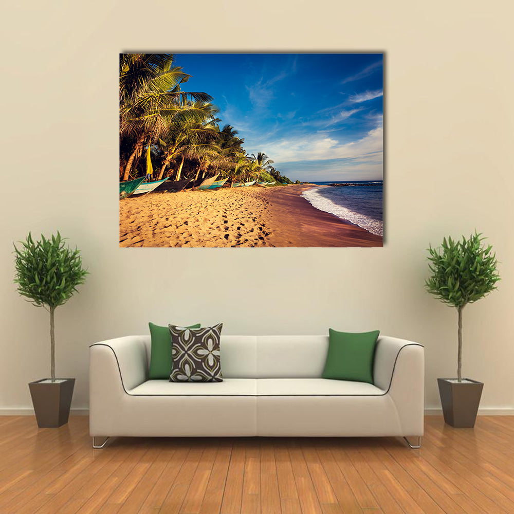 Boats On A Tropical Beach In Mirissa South Sri Lanka Canvas Wall Art