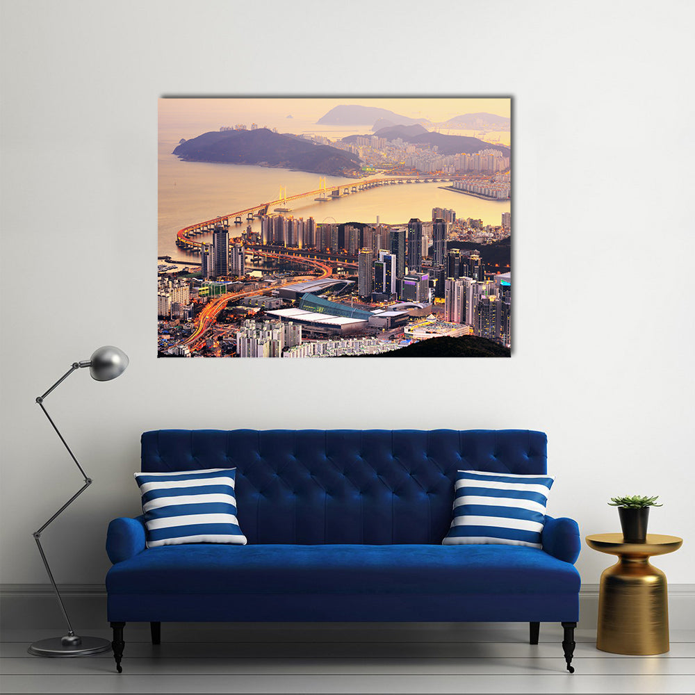 Coastal City Skyline at Golden Dusk Canvas Wall Art