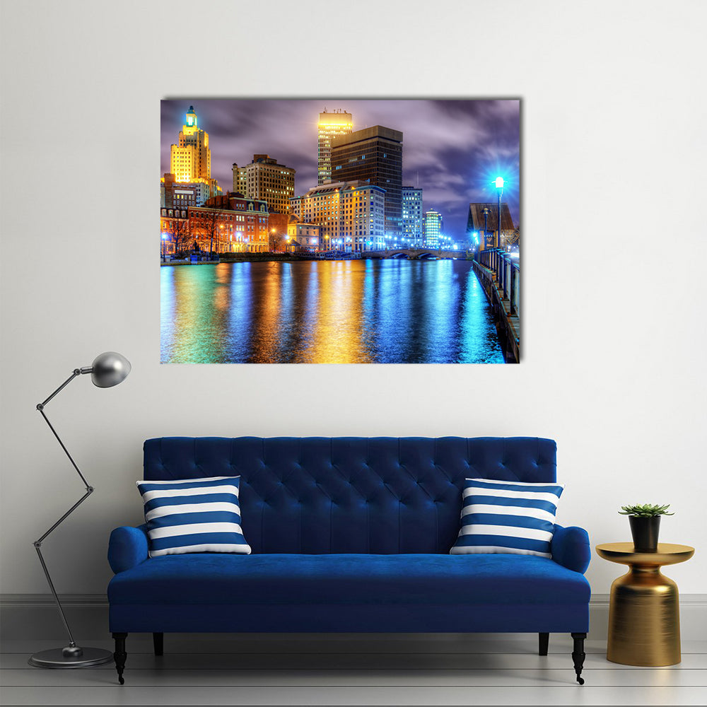 Downtown Providence Skyline with Water Reflections Canvas Wall Art