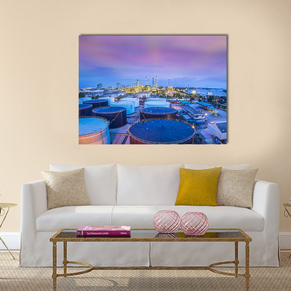 Twilight Oil Refinery with Storage Tanks Canvas Wall Art