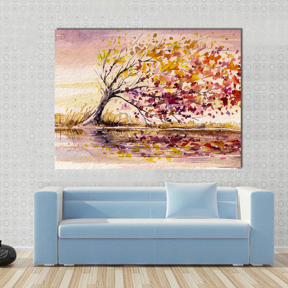 Wind-swept Autumn Tree by the Lake Canvas Wall Art