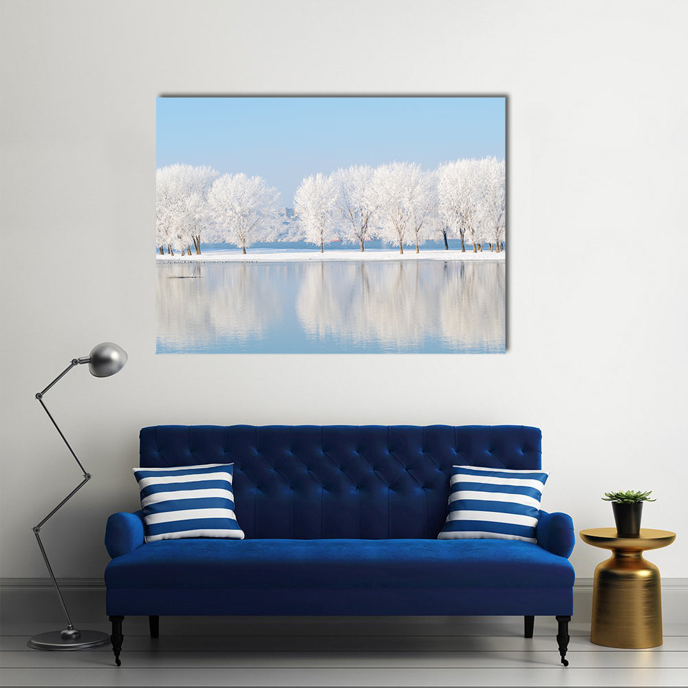 Winter Landscape Reflection In Lake Canvas Wall Art