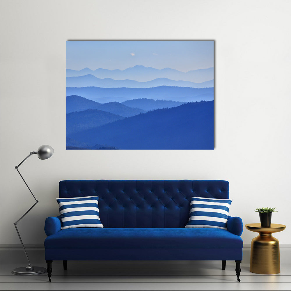 Misty Mountain Valley with Moon Canvas Wall Art