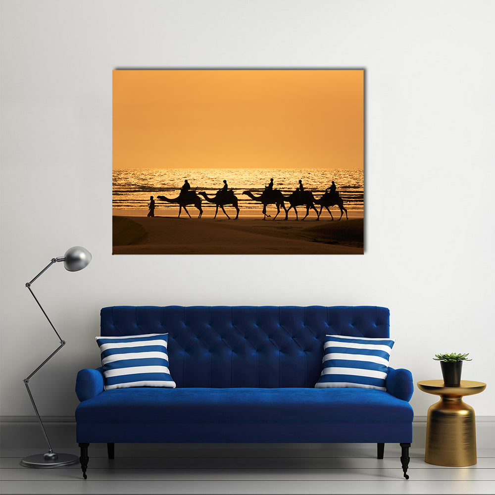 Silhouette Of Dromedary And Tourists At Sunset Morocco Canvas Wall Art
