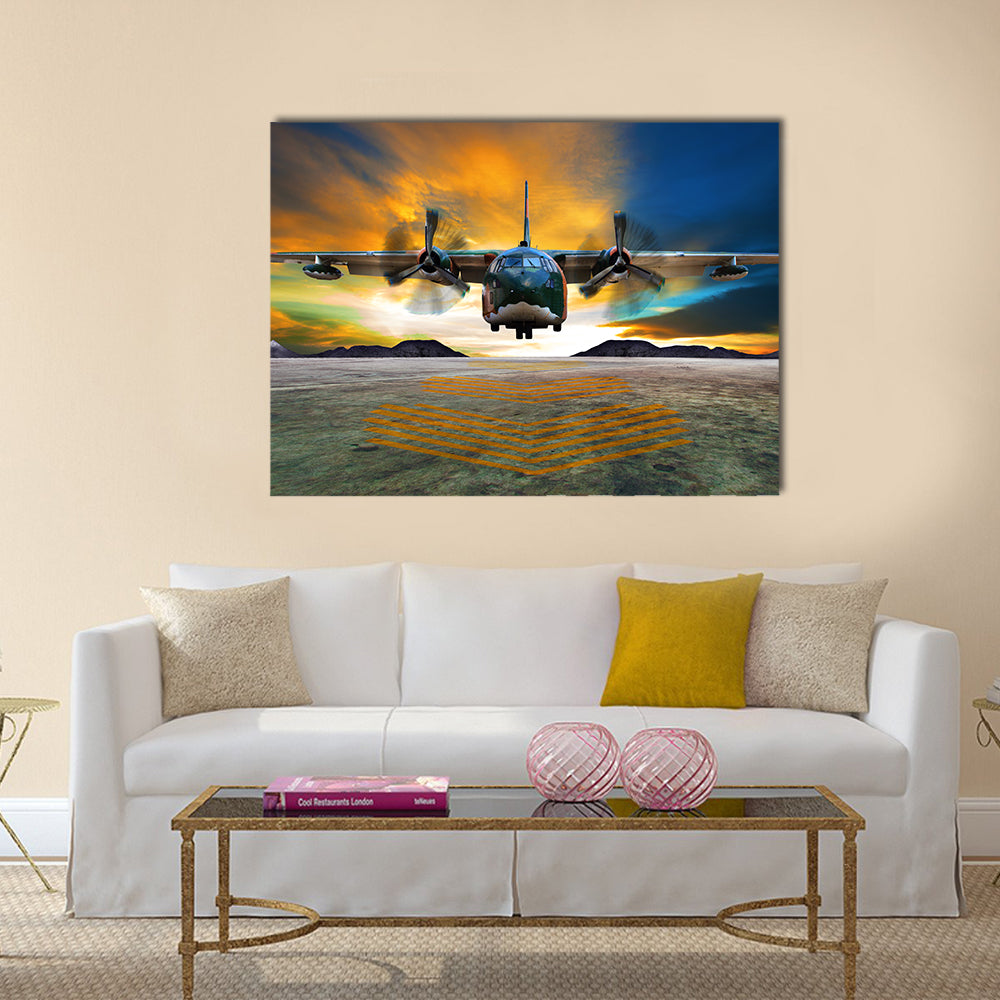 Twin-engine Military Transport at Golden Hour Canvas Wall Art