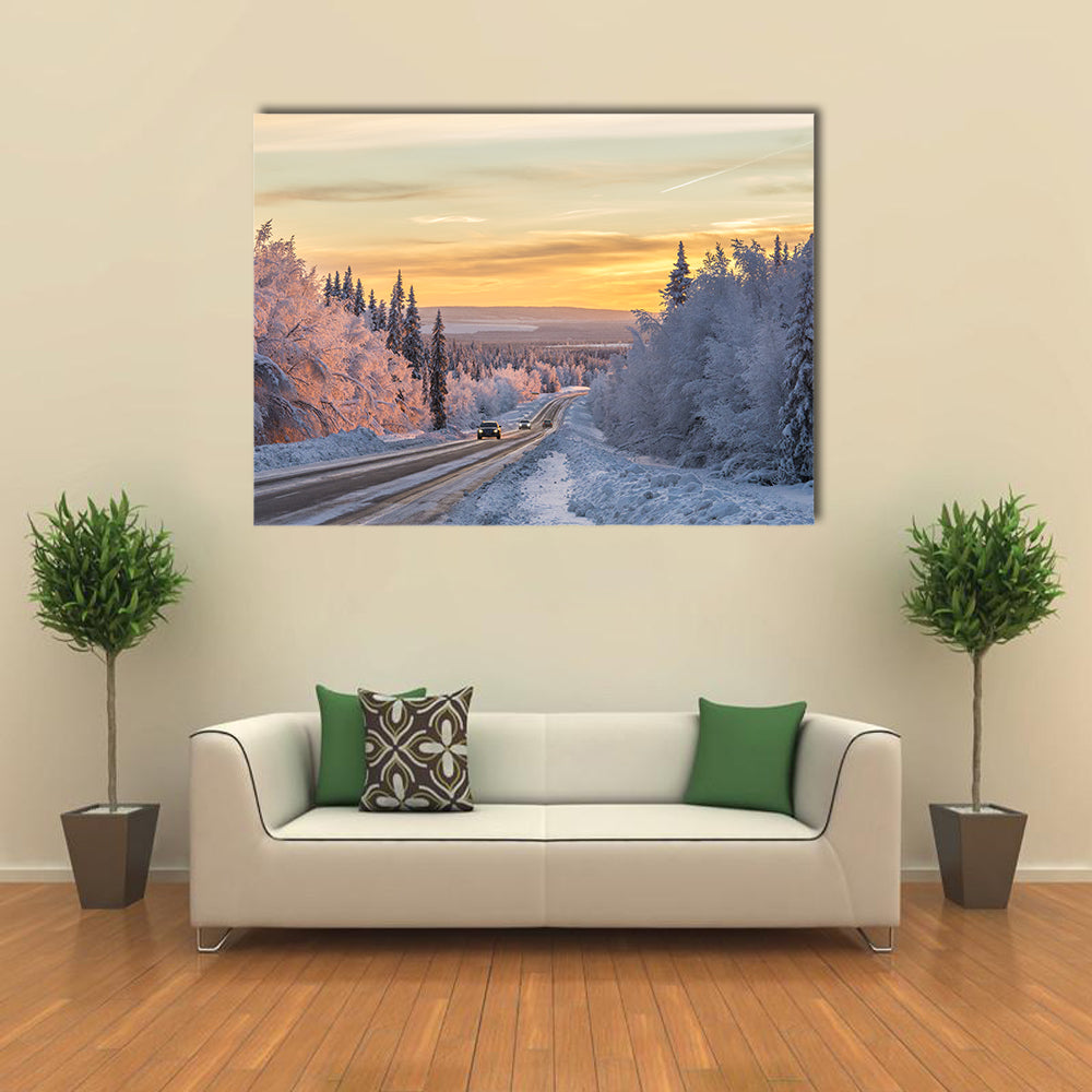 Winter Road In Northern Sweden Canvas Wall Art