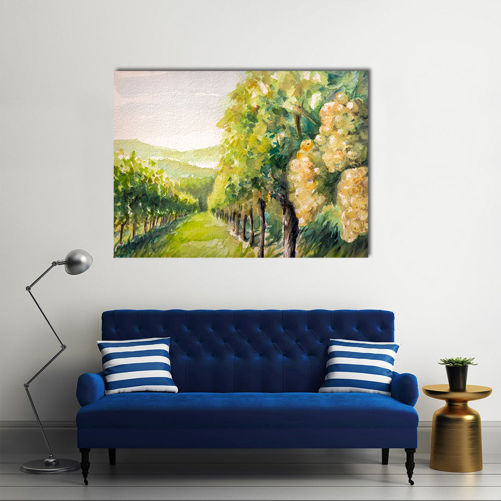 Sunlit Watercolor Vineyard Canvas Wall Art